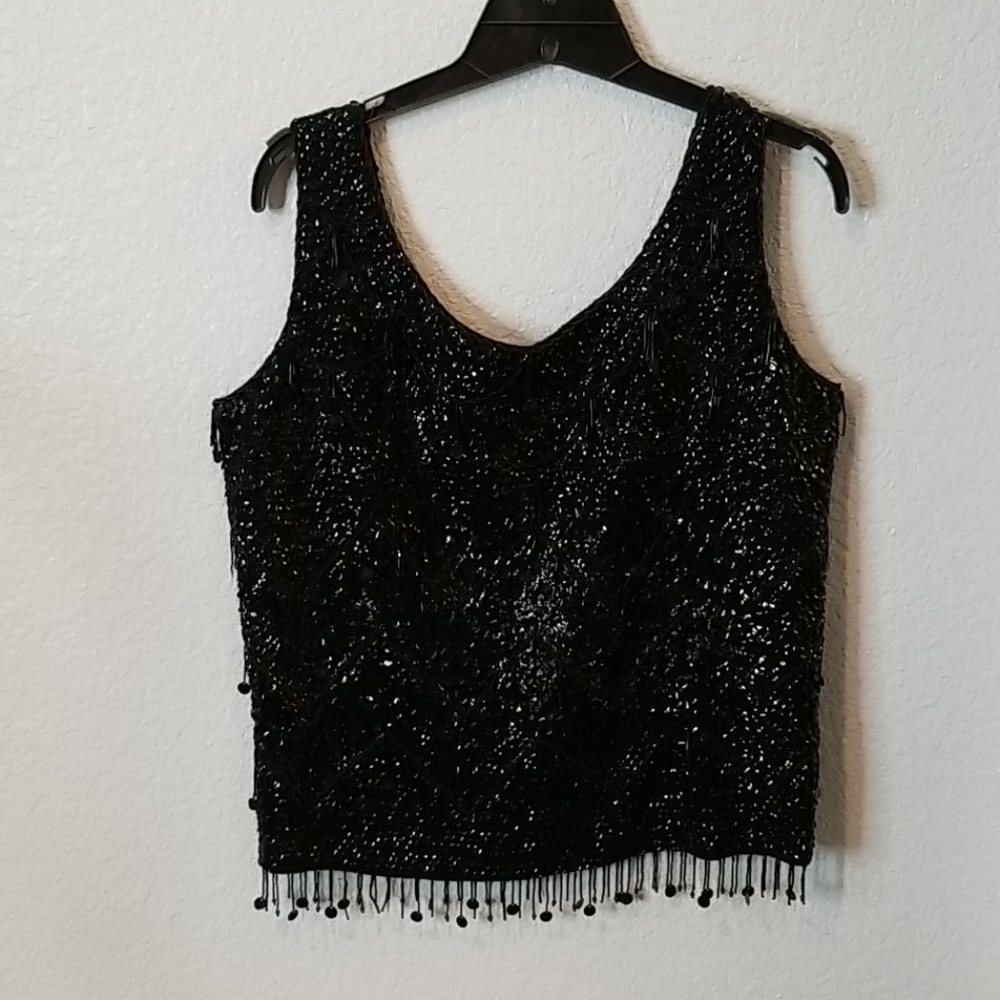Beaded lined black camisole top, sz l, stunning